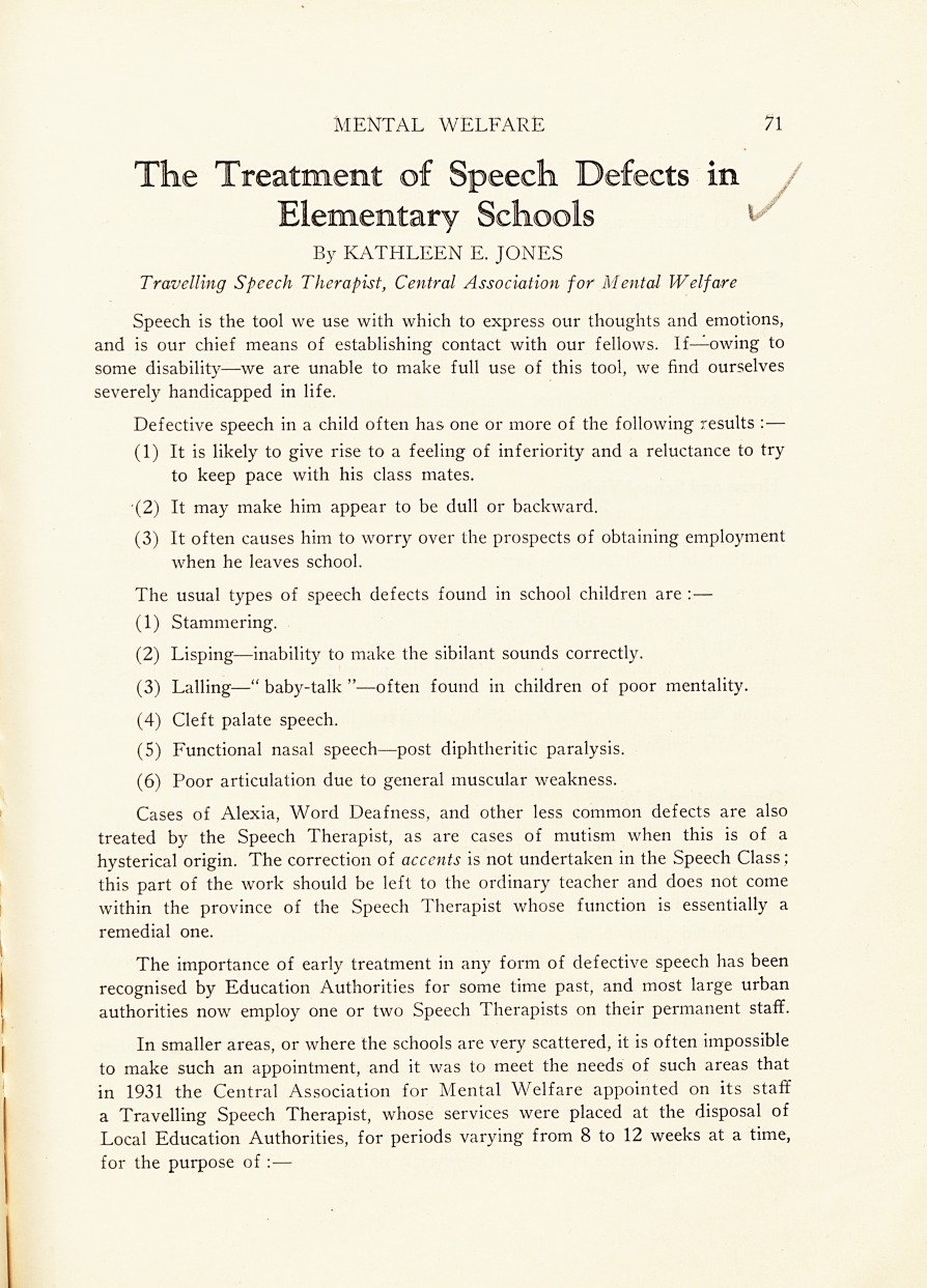 The Treatment of Speech Defects in Elementary Schools.