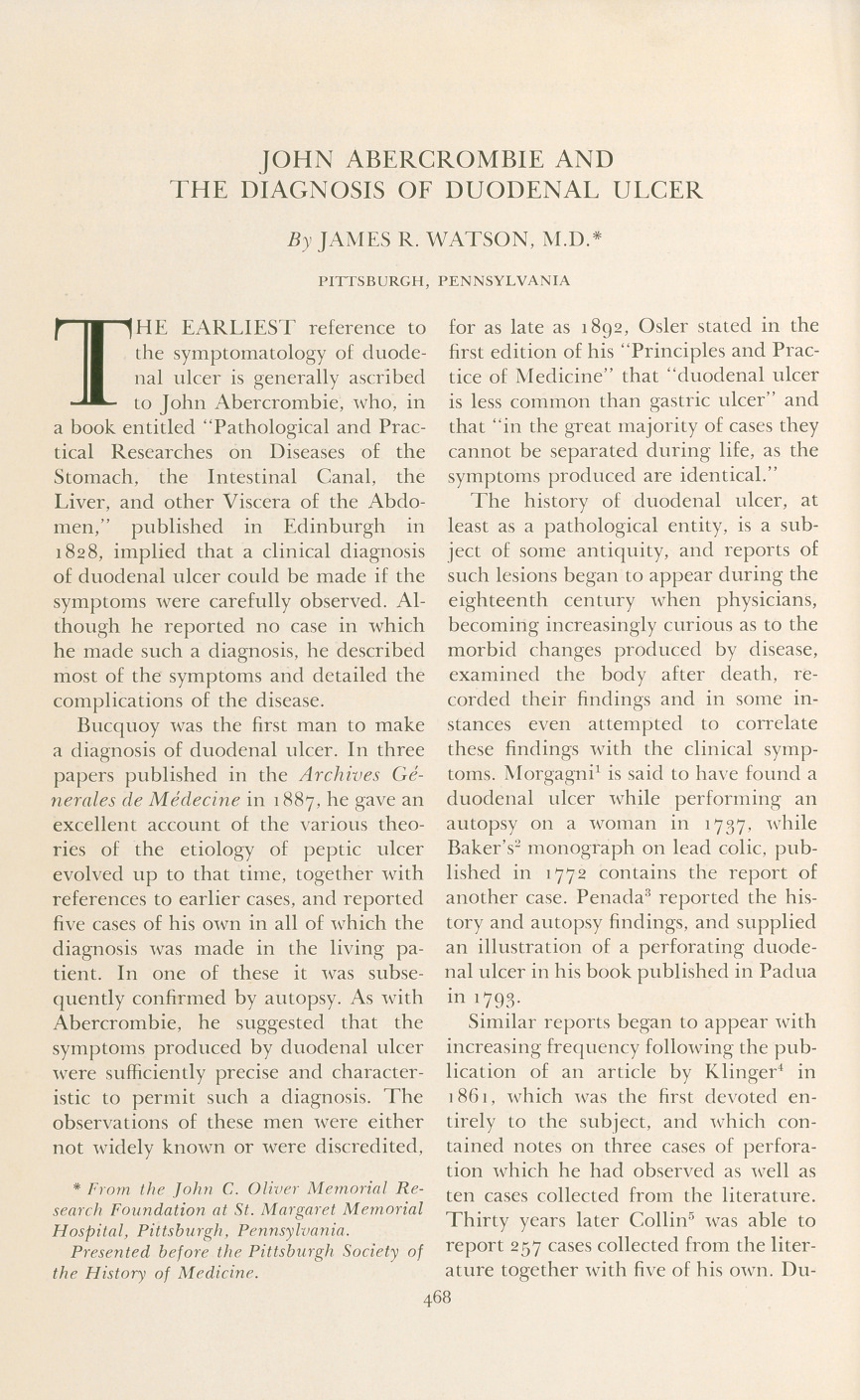 John Abercrombie and the Diagnosis of Duodenal Ulcer.
