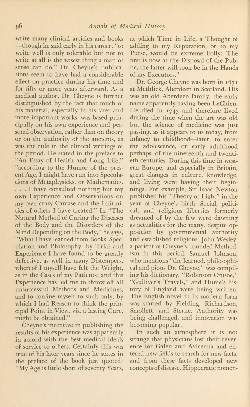 George Cheyne, M.D.: Eighteenth Century Clinician and Medical Author.