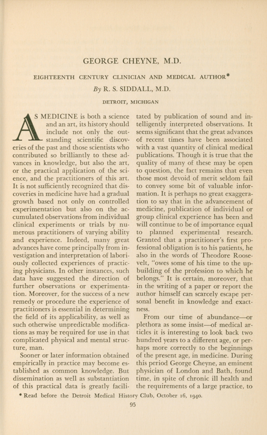 George Cheyne, M.D.: Eighteenth Century Clinician and Medical Author.