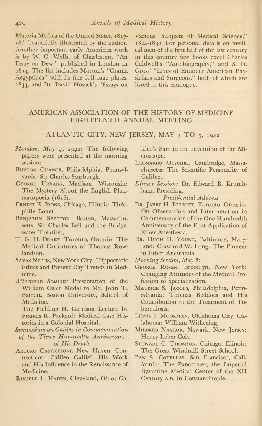 American Association of the History of Medicine Eighteenth Annual Meeting: Atlantic City, New Jersey, May 3 to 5, 1942.
