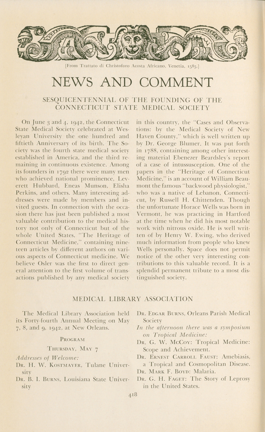 Sesquicentennial of the Founding of the Connecticut State Medical Society.