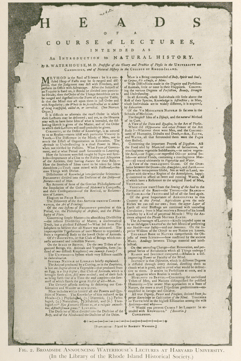 The First Natural History Lectures at Brown University, 1786, by Dr. Benjamin Waterhouse.