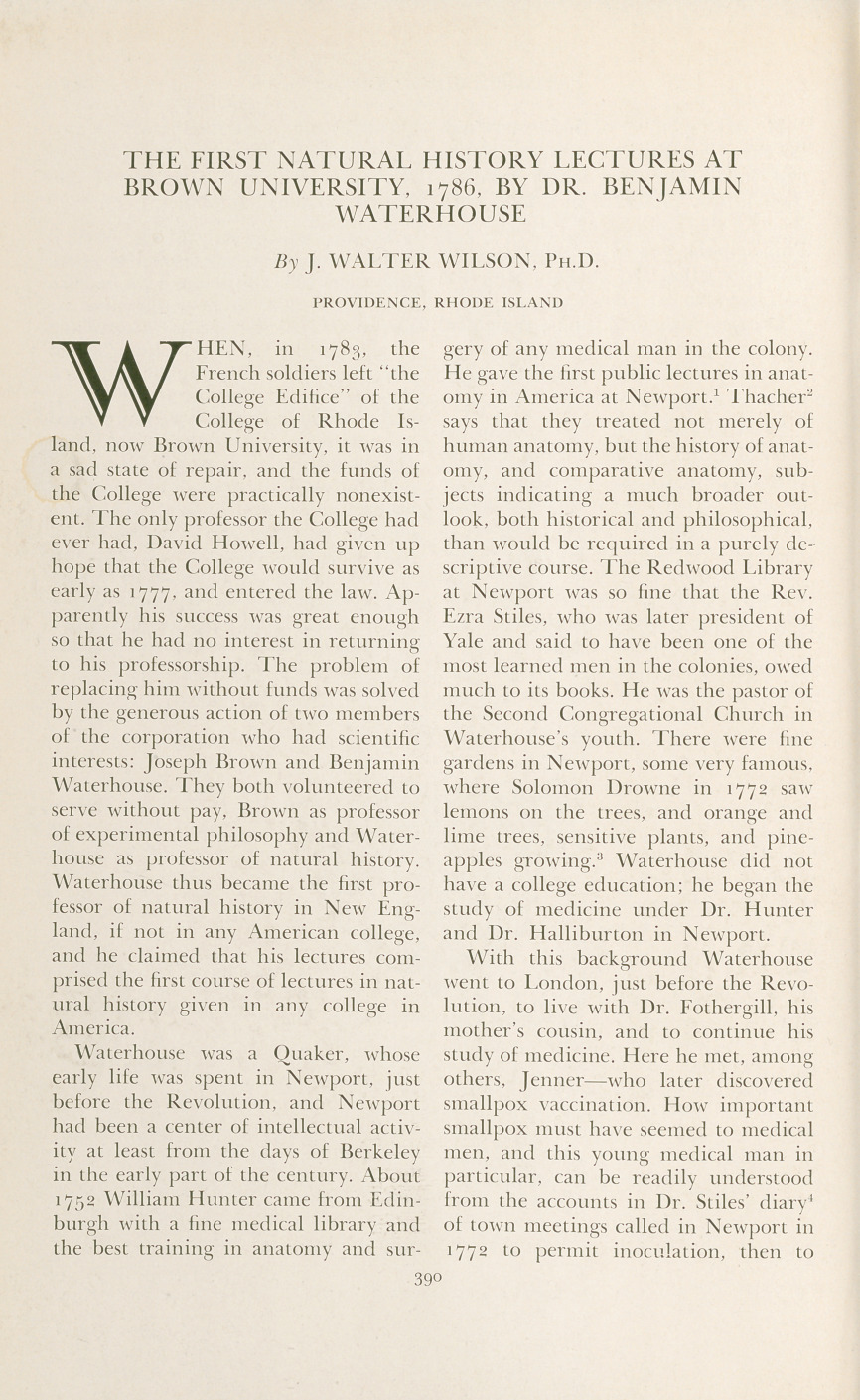 The First Natural History Lectures at Brown University, 1786, by Dr. Benjamin Waterhouse.