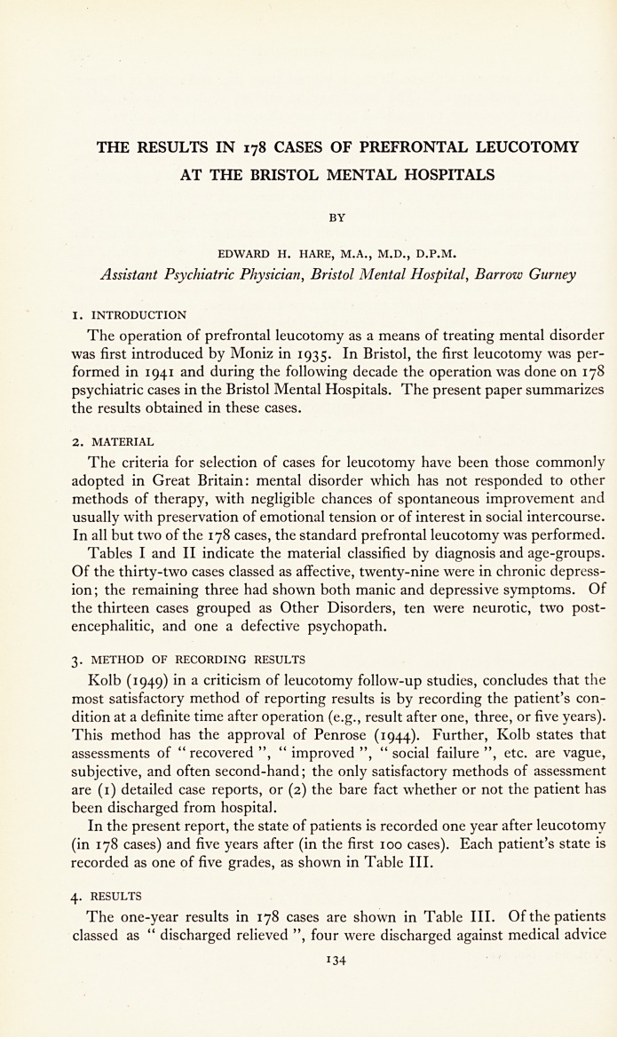 The Results in 178 Cases of Prefrontal Leucotomy at the Bristol Mental Hospitals.