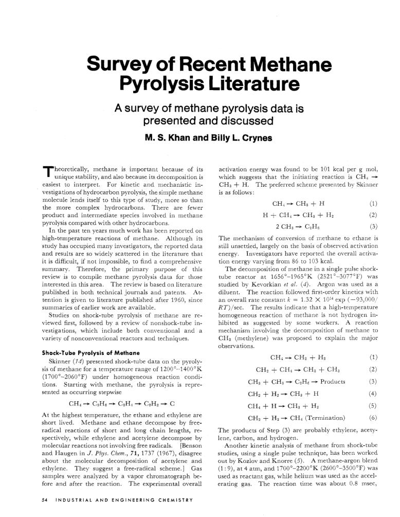 Survey of Recent Methane Pyrolysis Literature