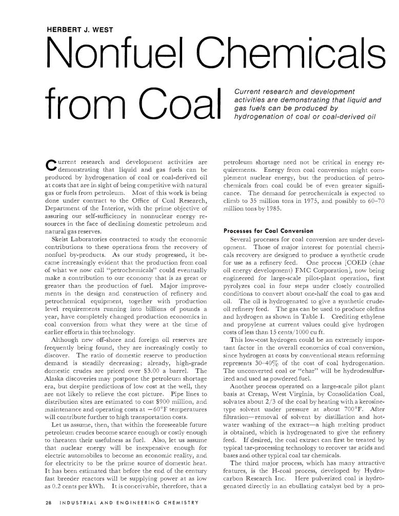 Nonfuel Chemicals from Coal