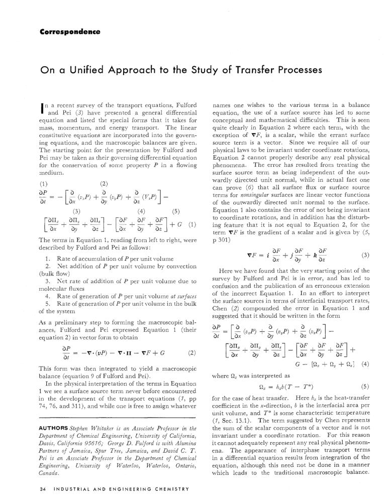 Correspondenc - "On a Unified Approach to the Study of Transfer Processes"