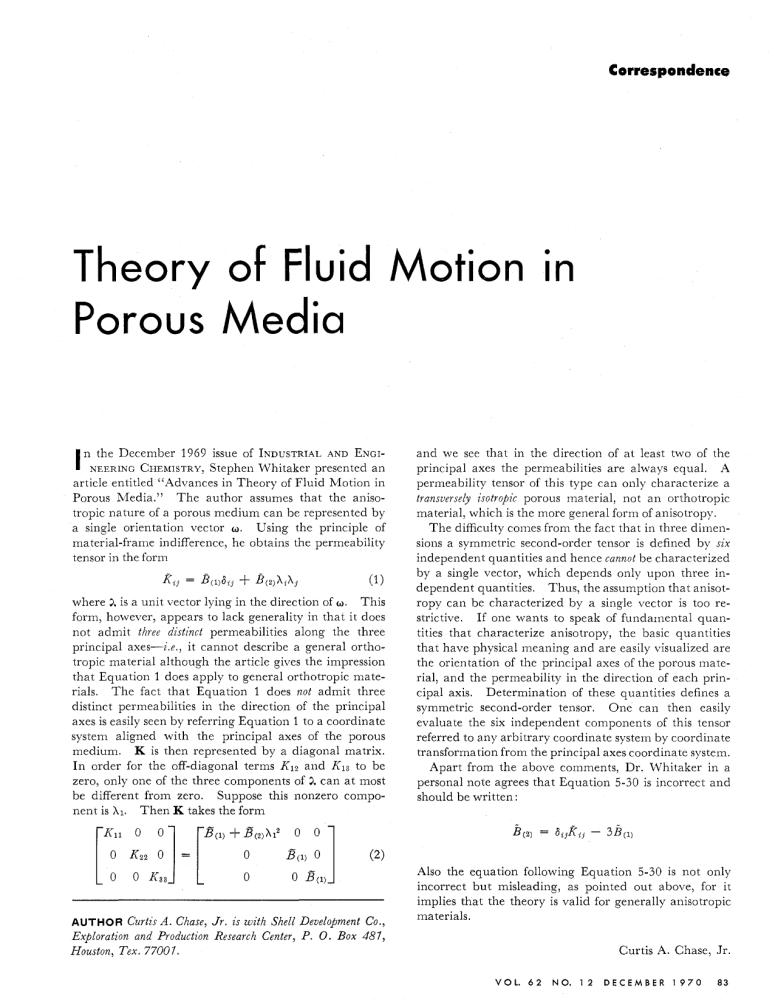 CORRESPONDENCE Theory of Fluid Motion in Porous Media