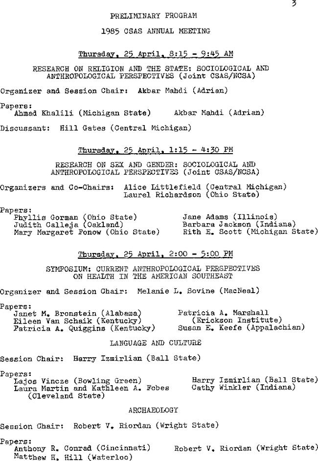 PRELIMINARY PROGRAM 1985 CSAS ANNUAL MEETING