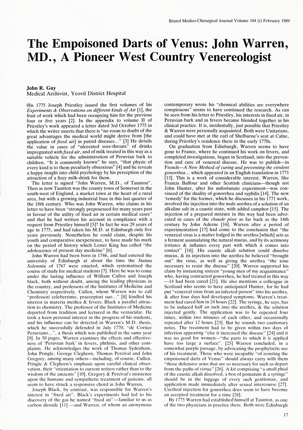 The empoisoned darts of venus: John Warren, MD., a pioneer west country venereologist.