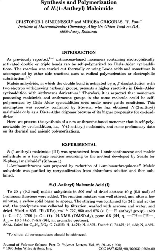 Synthesis and polymerization of N-(1-anthryl) maleimide