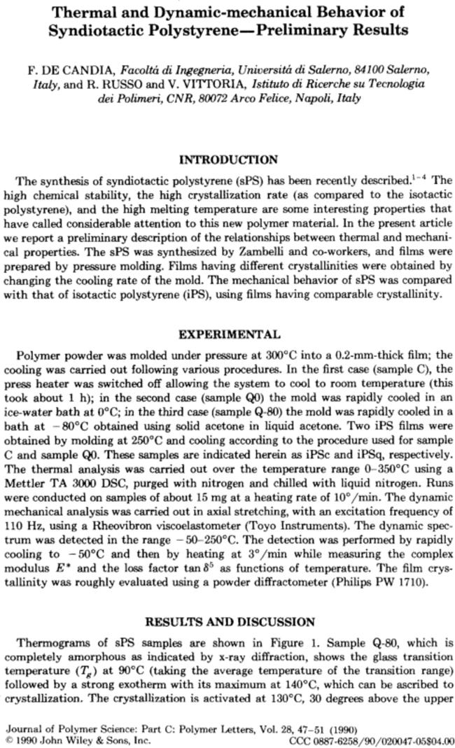 Thermal and dynamic-mechanical behavior of syndiotactic polystyrene—preliminary results