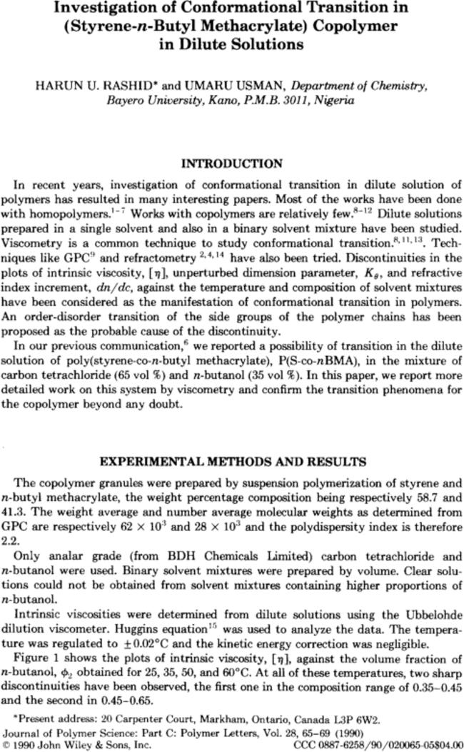 Investigation of conformational transition in (styrene-n-butyl methacrylate) copolymer in dilute solutions