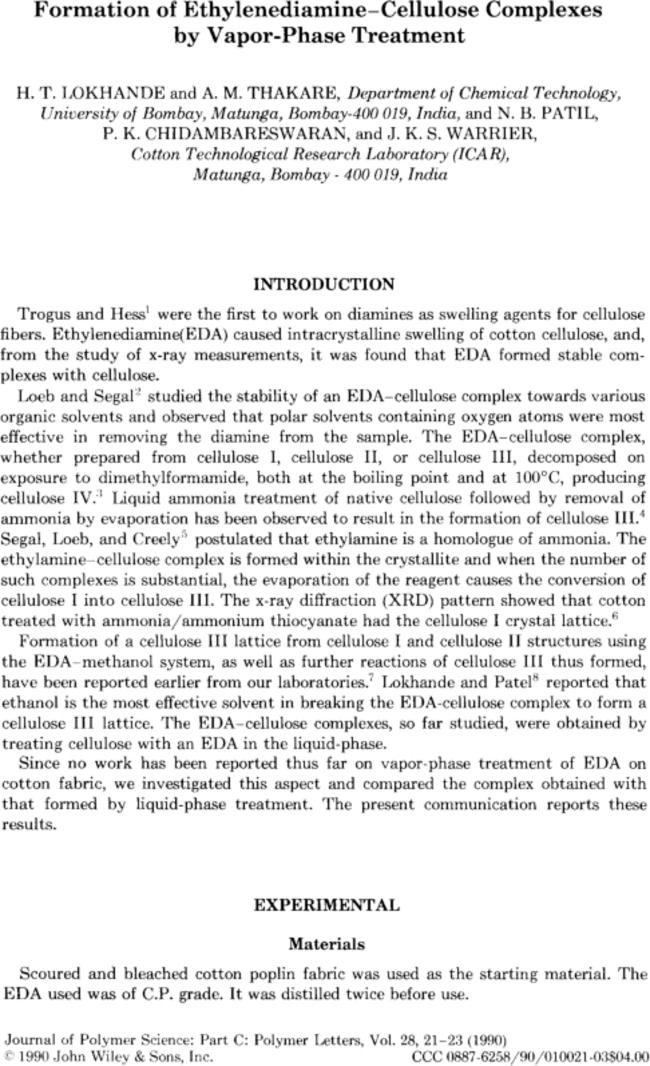 Formation of ethylenediamine–cellulose complexes by vapor-phase treatment