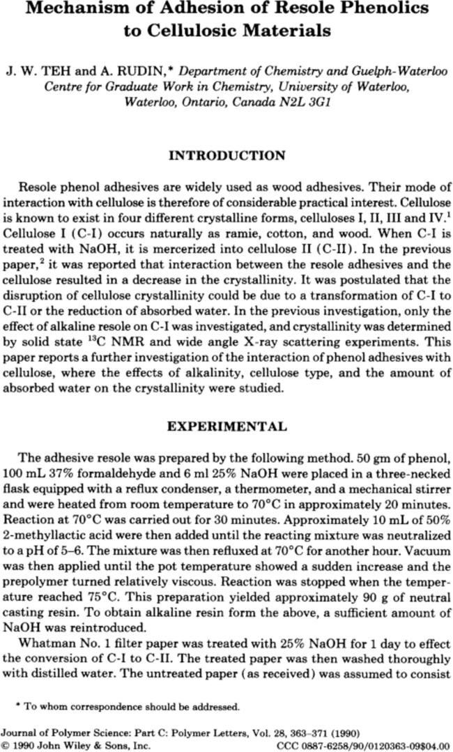 Mechanism of adhesion of resole phenolics to cellulosic materials