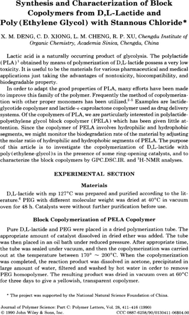 Synthesis and characterization of block copolymers from D, L-lactide and poly(ethylene glycol) with stannous chloride†