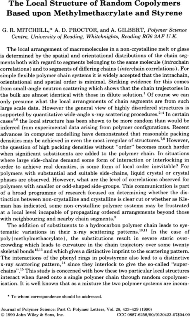 The local structure of random copolymers based upon methylmethacrylate and styrene