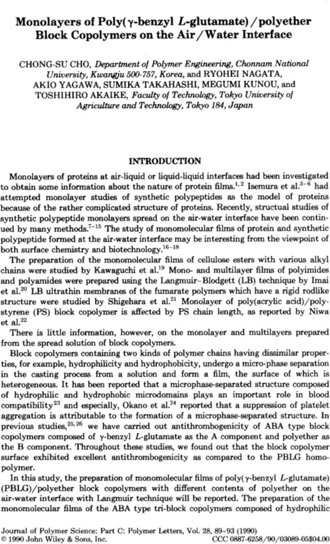 Monolayers of poly(γ-benzyl L-glutamate)/polyether block copolymers on the air/water interface