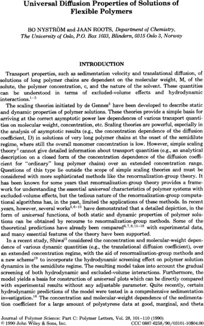 Universal diffusion properties of solutions of flexible polymers