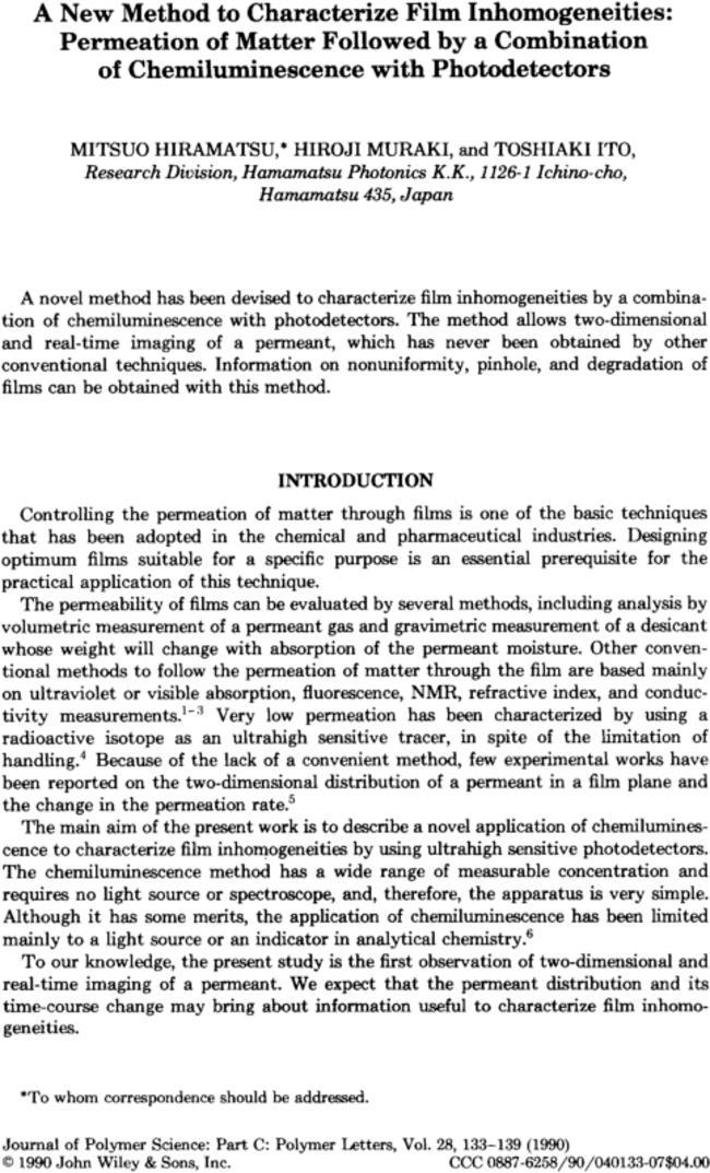 A new method to characterize film inhomogeneities: Permeation of matter followed by a combination of chemiluminescence with photodetectors