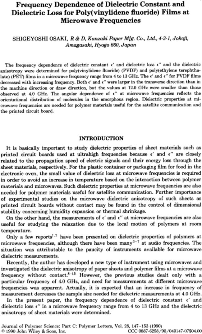 Frequency dependence of dielectric constant and dielectric loss for poly(vinylidene fluoride) films at microwave frequencies