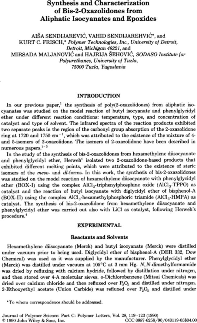 Synthesis and characterization of bis-2-oxazolidones from aliphatic isocyanates and epoxides