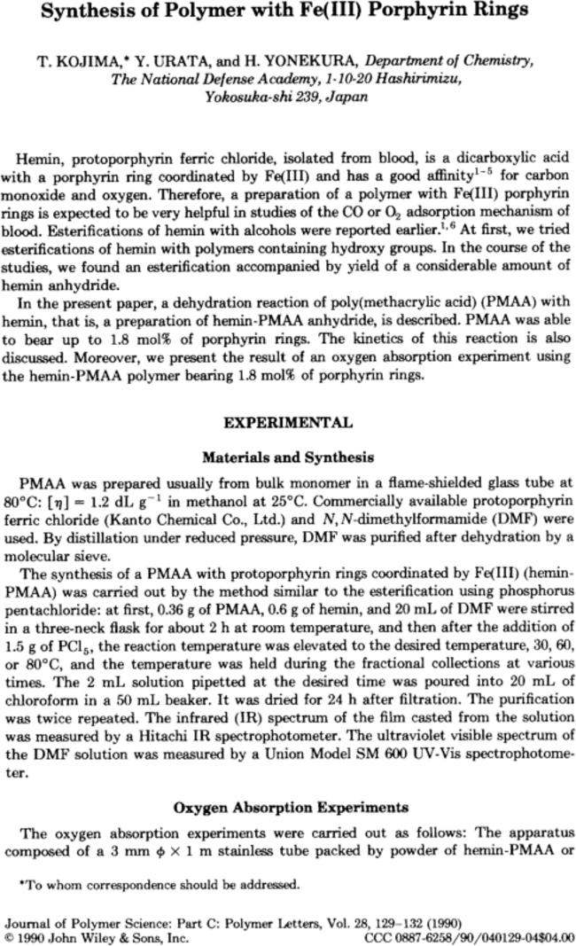 Synthesis of polymer with Fe(III) porphyrin rings