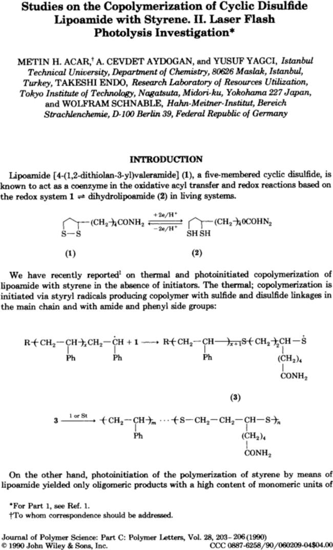 Studies on the copolymerization of cyclic disulfide lipoamide with styrene. II. Laser flash photolysis investigation†