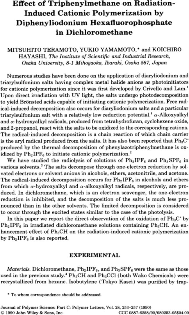 Effect of triphenylmethane on radiation-induced cationic polymerization by diphenyliodonium hexafluorophosphate in dichloromethane