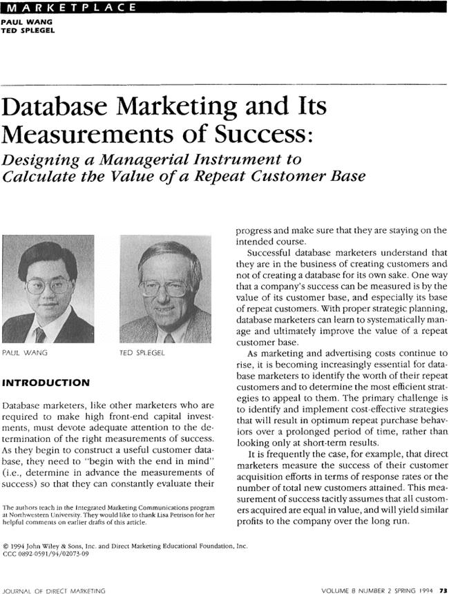 Database marketing and its measurements of success