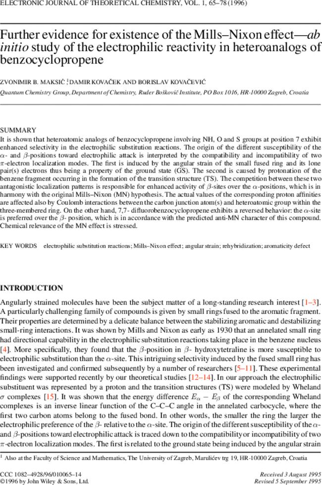 Further evidence for existence of the Mills-Nixon Effect - ab initio study of the electrophilic reactivity in heteroanalogs of benzocyclopropene