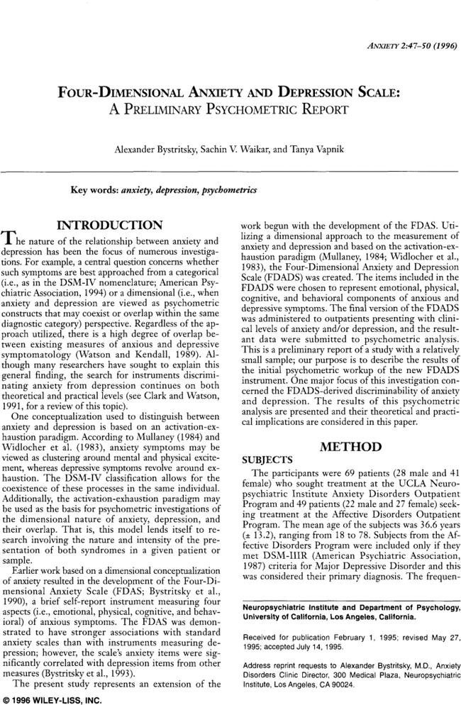 Four-dimensional anxiety and depression scale: A preliminary psychometric report