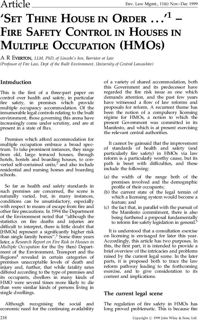 ‘Set thine house in order ...’—Fire safety control in houses in multiple occupation (HMOs)