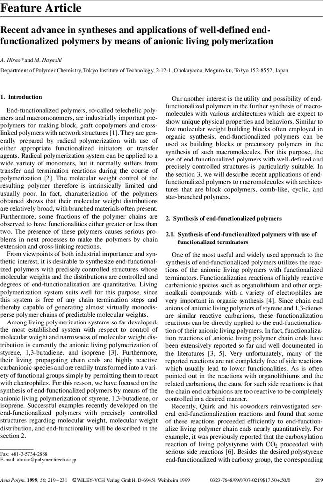 Recent advance in syntheses and applications of well-defined end-functionalized polymers by means of anionic living polymerization