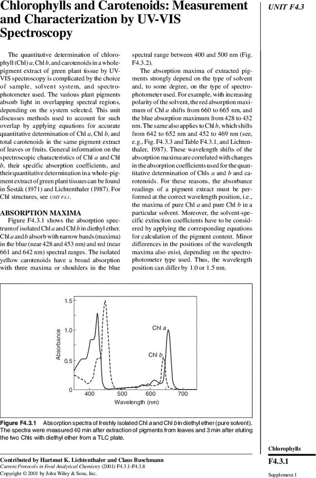 Chlorophylls and Carotenoids: Measurement and Characterization by UV-VIS Spectroscopy