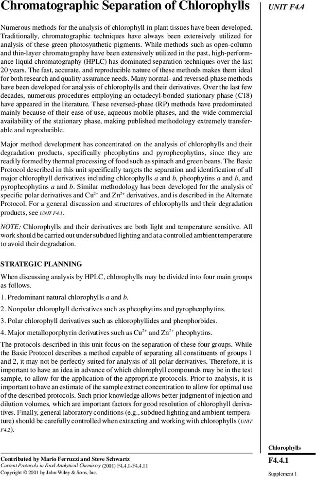 Chromatographic Separation of Chlorophylls