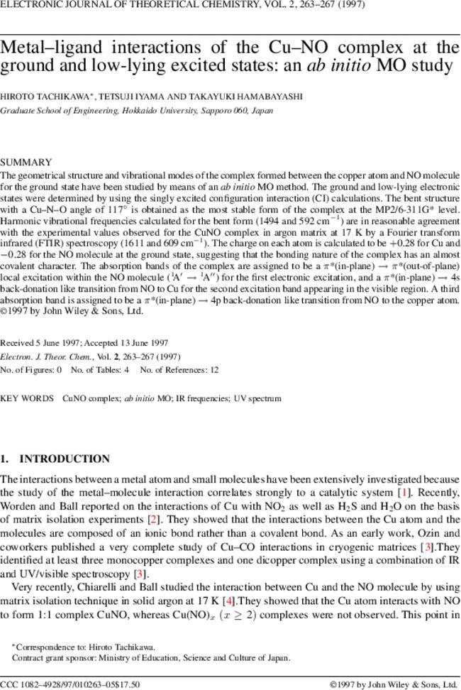 Metal-ligand interactions of the Cu-NO complex at the ground and low-lying excited states: an ab initio MO study