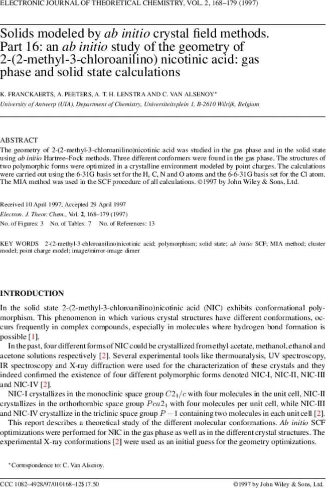 Solids modeled by ab initio crystal field methods. Part 16: An ab initio study of the geometry of 2-(2-methyl-3-chloroanilino) nicotinic acid: gas phase and solid state calculations