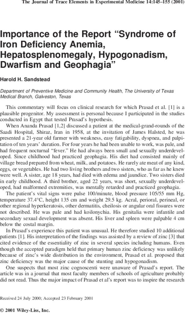 Importance of the report “Syndrome of iron deficiency anemia, hepatosplenomegaly, hypogonadism, dwarfism and geophagia”