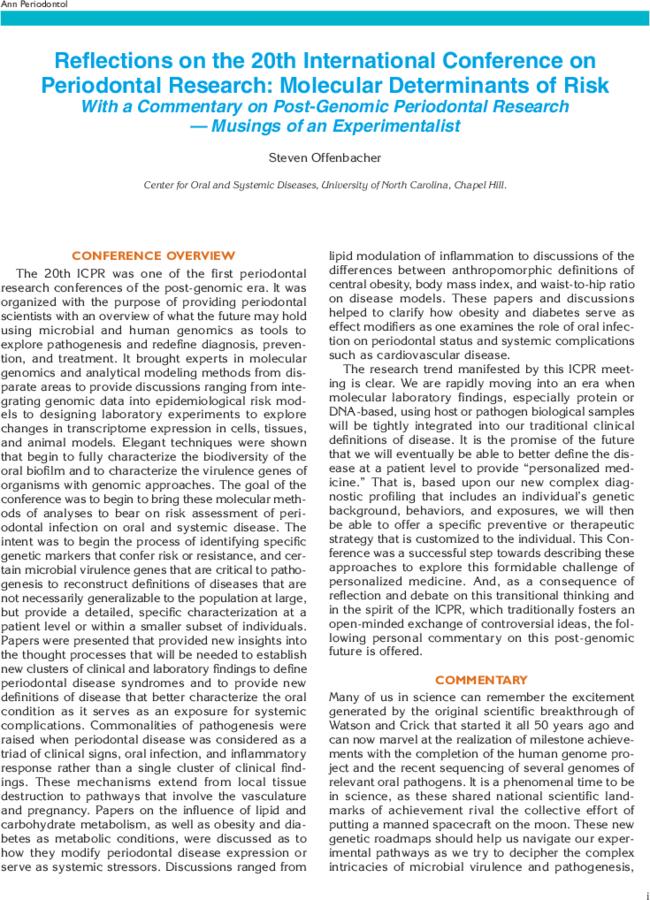 Reflections on the 20th International Conference on Periodontal Research: Molecular Determinants of Risk With a Commentary on Post-Genomic Periodontal Research — Musings of an Experimentalist