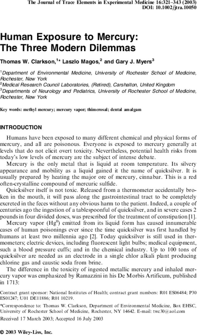 Human exposure to mercury: The three modern dilemmas