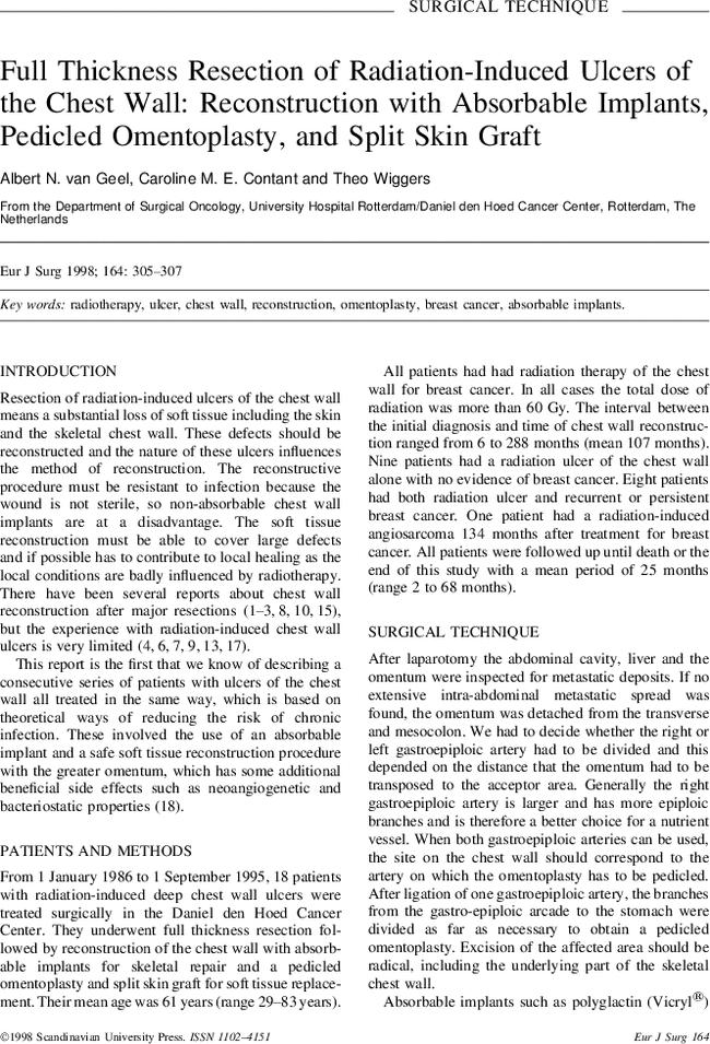 Full thickness resection of radiation-induced ulcers of the chest wall: reconstruction with absorbable implants, pedicled omentoplasty, and split skin graft