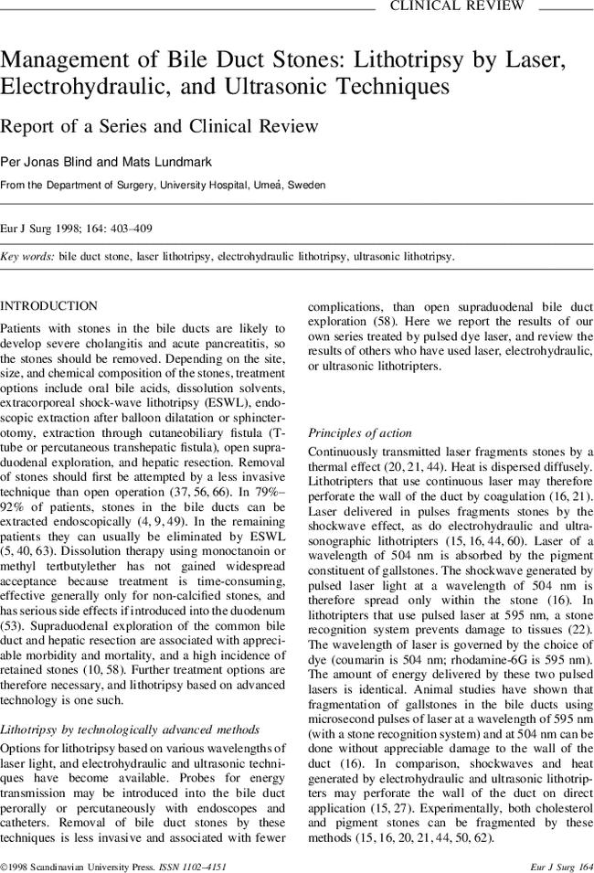 Management of bile duct stones: lithotripsy by laser, electrohydraulic, and ultrasonic techniques