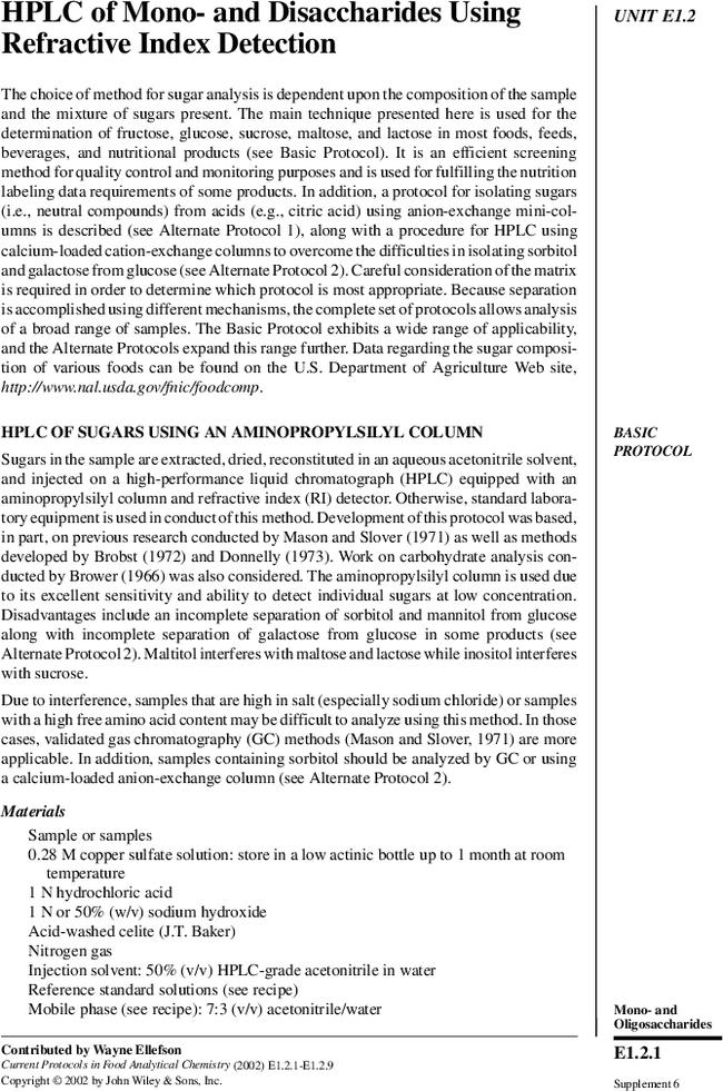 HPLC of Mono- and Disaccharides Using Refractive Index Detection