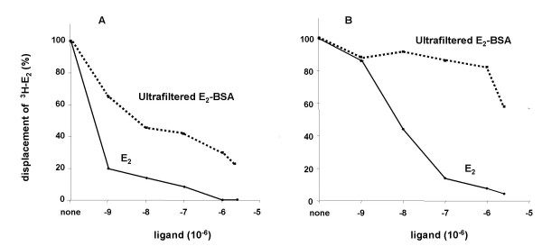 Binding of estrogen receptor with estrogen conjugated to bovine serum albumin (BSA).