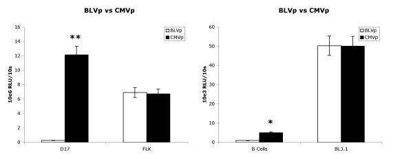 Comparison of bovine leukemia virus (BLV) and CMV promoter-driven reporter gene expression in BLV-infected and non-infected cells.