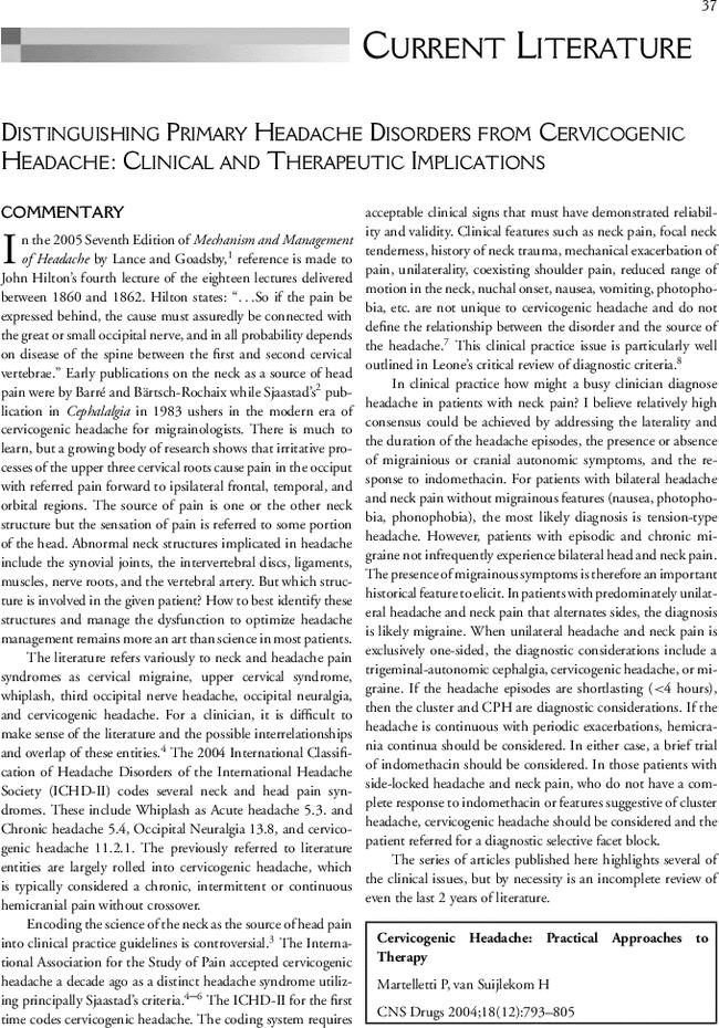 Distinguishing Primary Headache Disorders from Cervicogenic Headache: Clinical and Therapeutic Implications