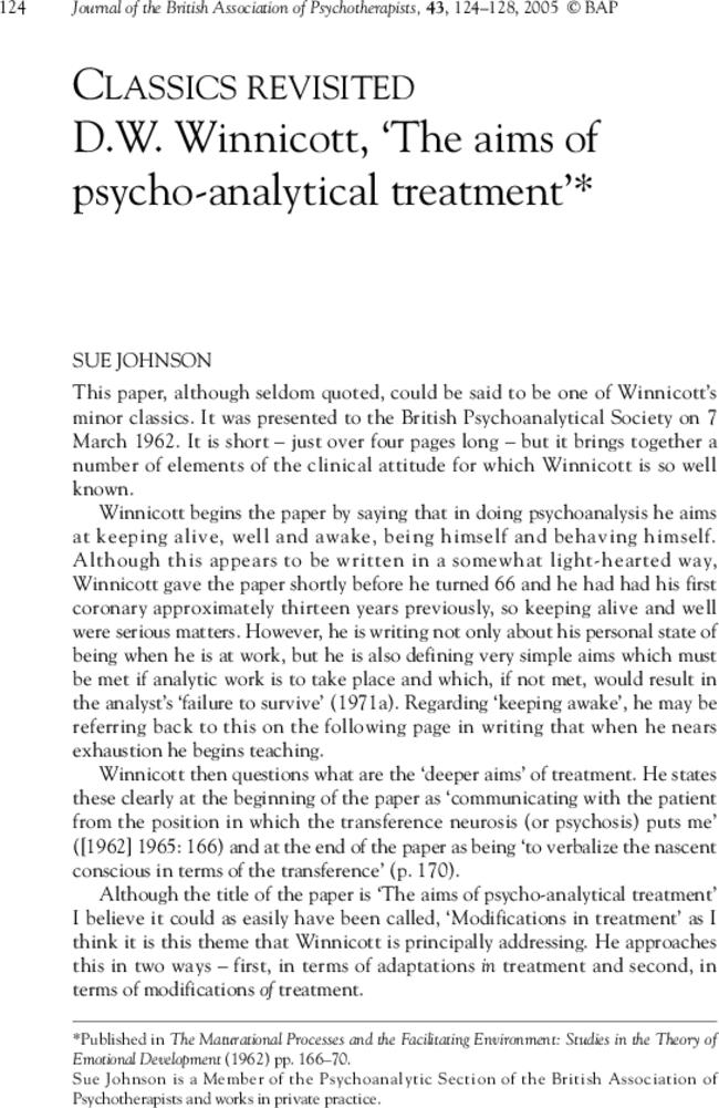 D.W. Winnicott, ‘The aims of psycho-analytical treatment’†