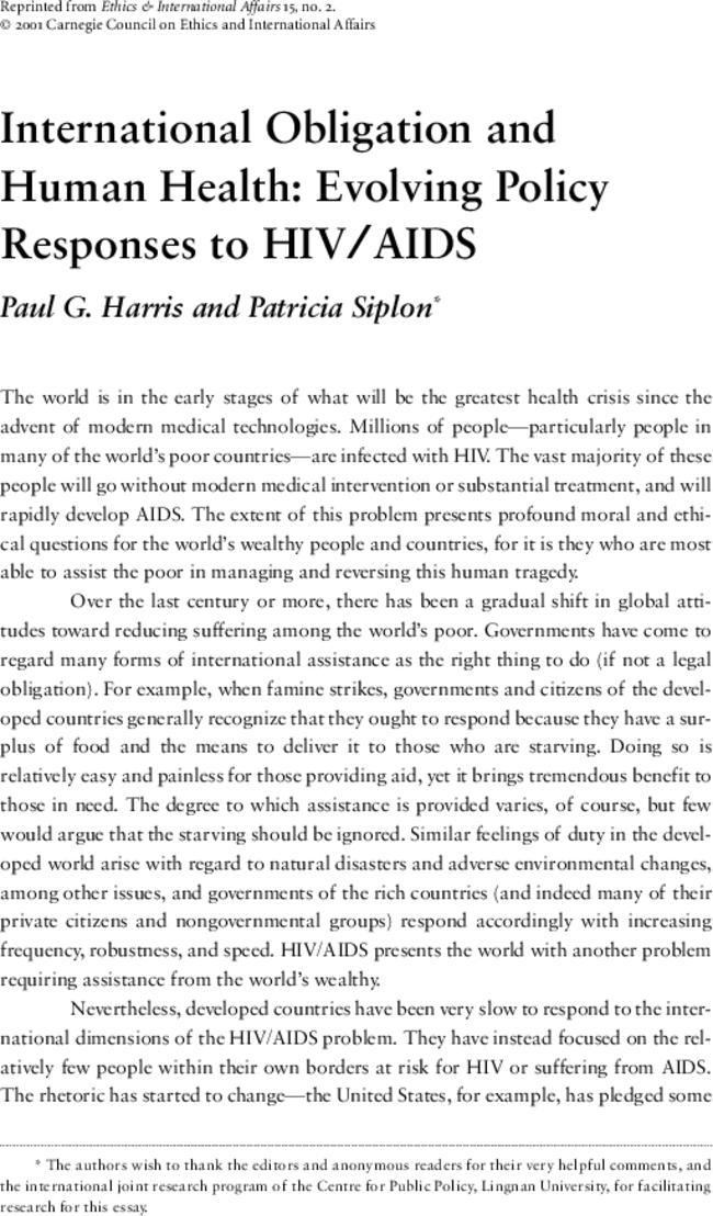 International Obligation and Human Health: Evolving Policy Responses to HIV/AIDS